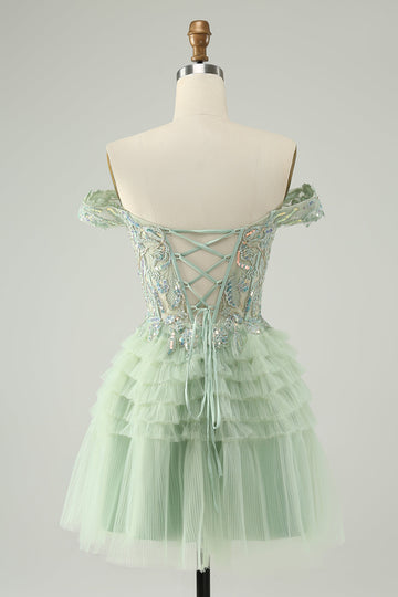 Vestido de fiesta corto de tul con hombros descubiertos y corte en A de color verde claro brillante